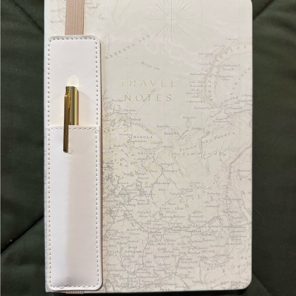 Elegant White Travel Notes Journal with Gold Pen